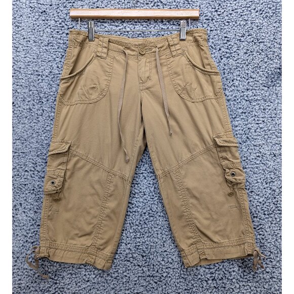 Union Bay Y2K Cargo Capris Juniors 3 Streetwear Drawstring Utility Pockets Tan - Picture 1 of 10